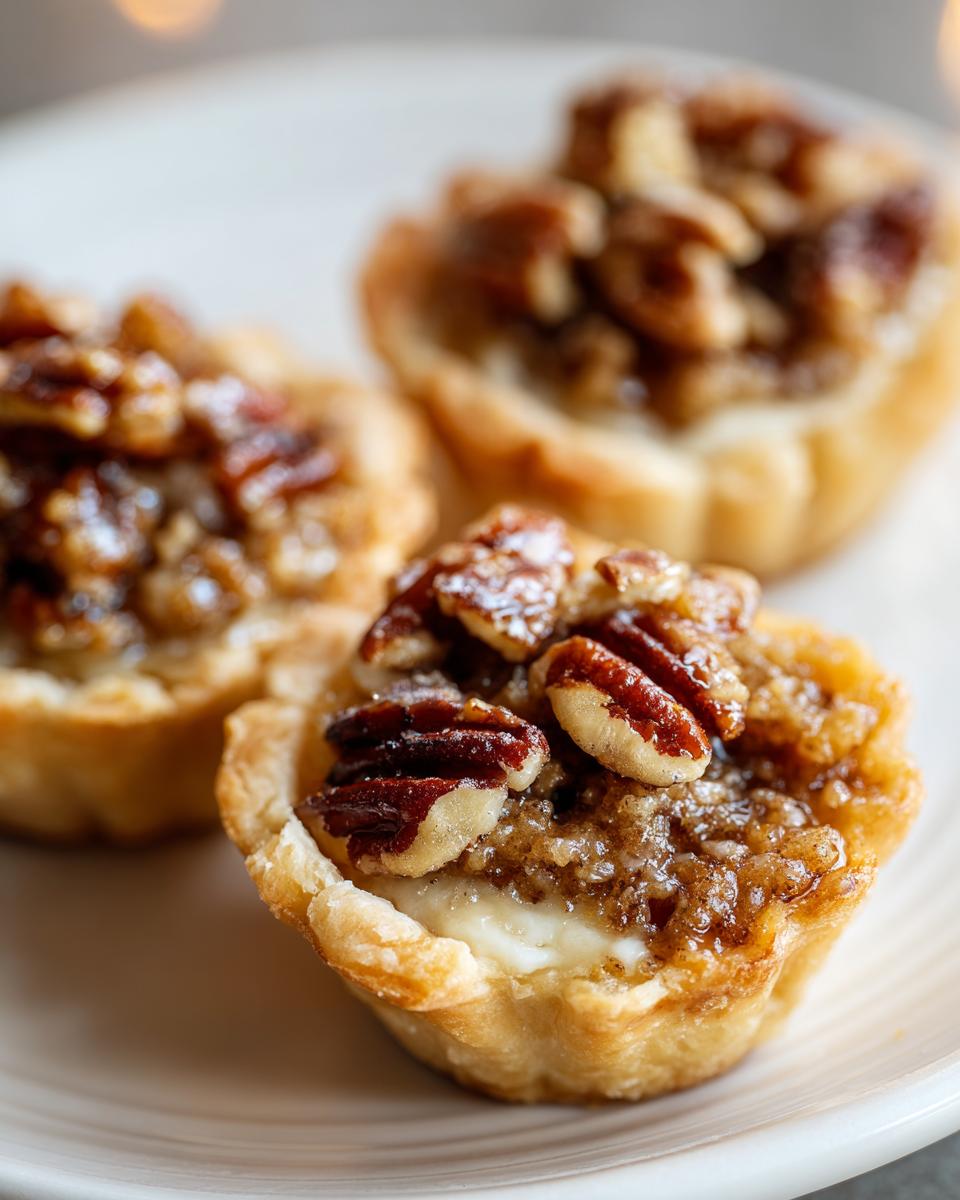 Close-up of three delicious pecan tassies with flaky crusts and pecan topping on a white plate.