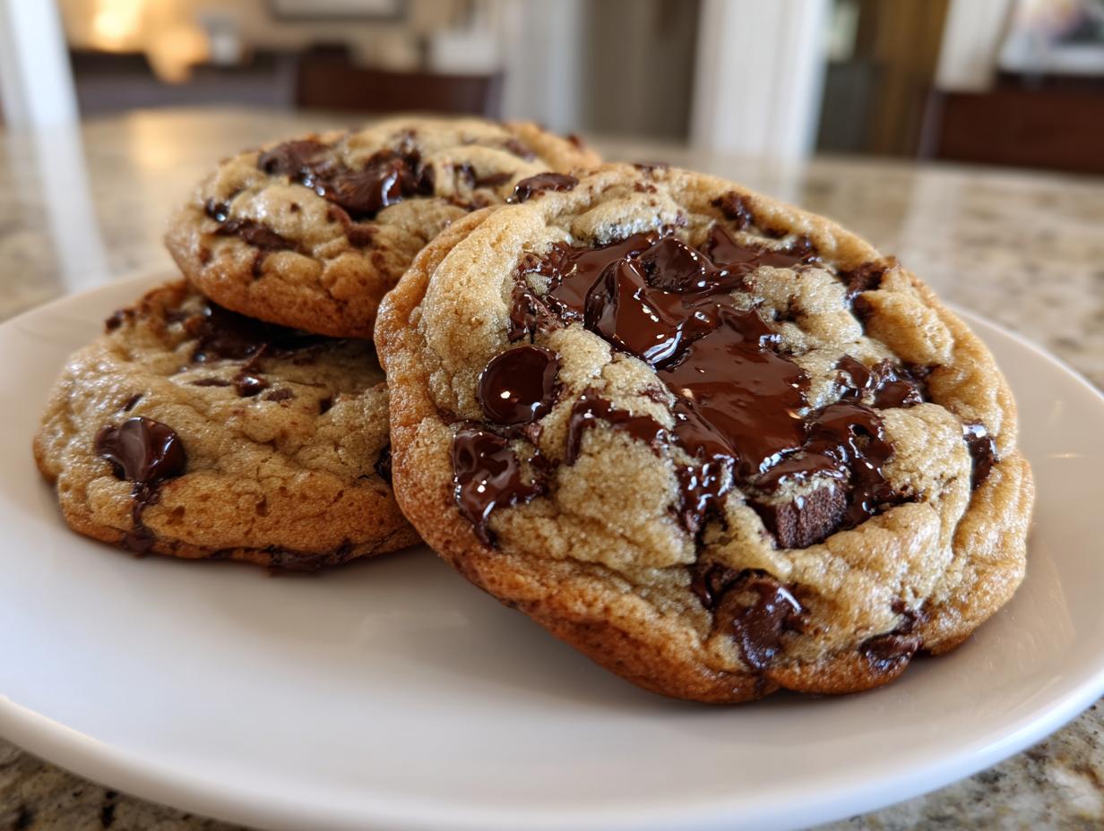 Close-up of three soft pudding cookies piled on a white plate, featuring melted chocolate chips.