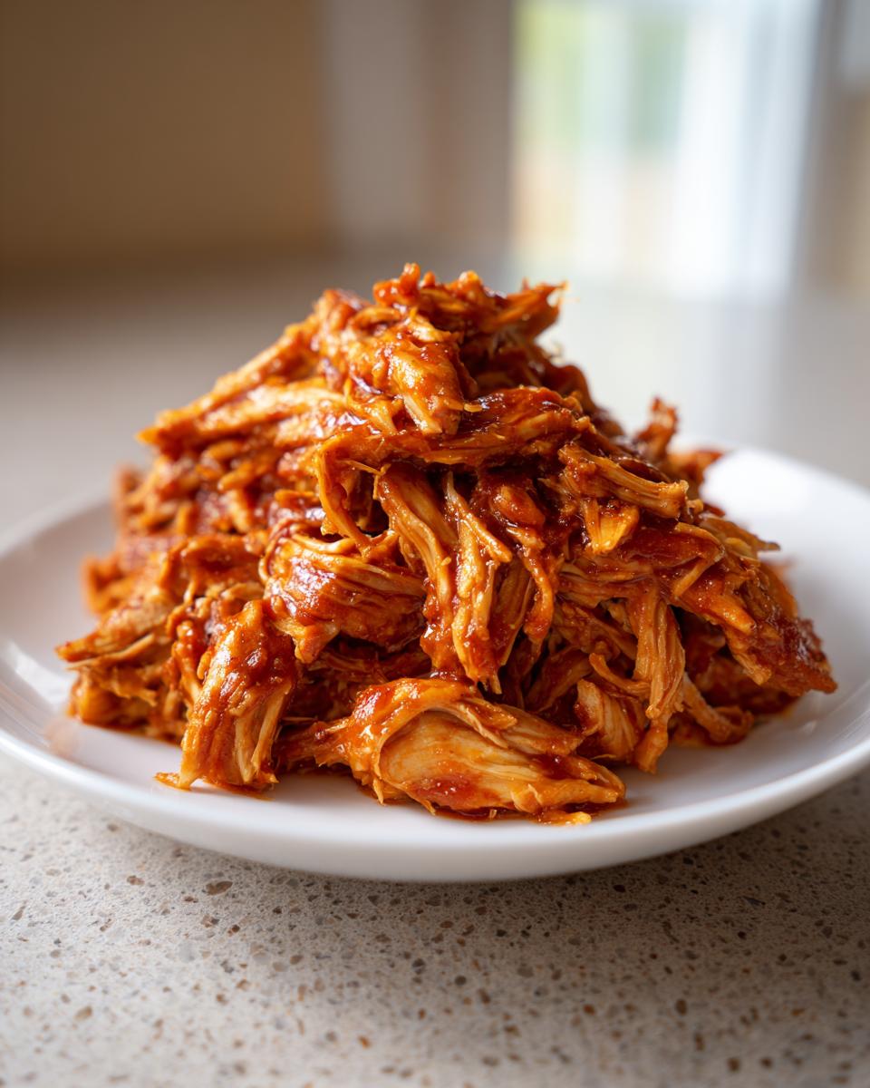 A mound of saucy, shredded pulled chicken piled high on a small white plate.