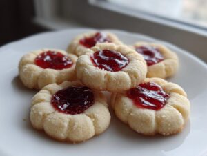 A plate of five freshly baked raspberry thumbprint cookies with bright red jam centers.