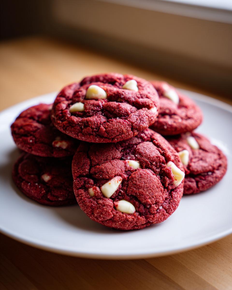 A close-up stack of rich, chewy red velvet cookies studded with white chocolate chips on a white plate.