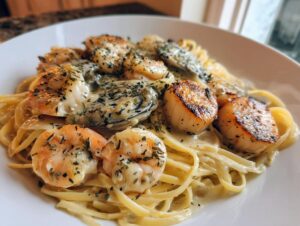 Close-up of creamy seafood pasta featuring seared scallops, shrimp, and clams, garnished with herbs.
