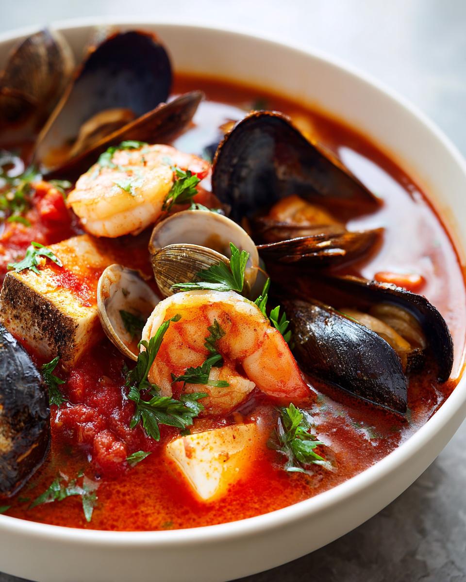Close-up of a rich, red broth seafood soup featuring shrimp, mussels, clams, and white fish chunks, garnished with parsley.