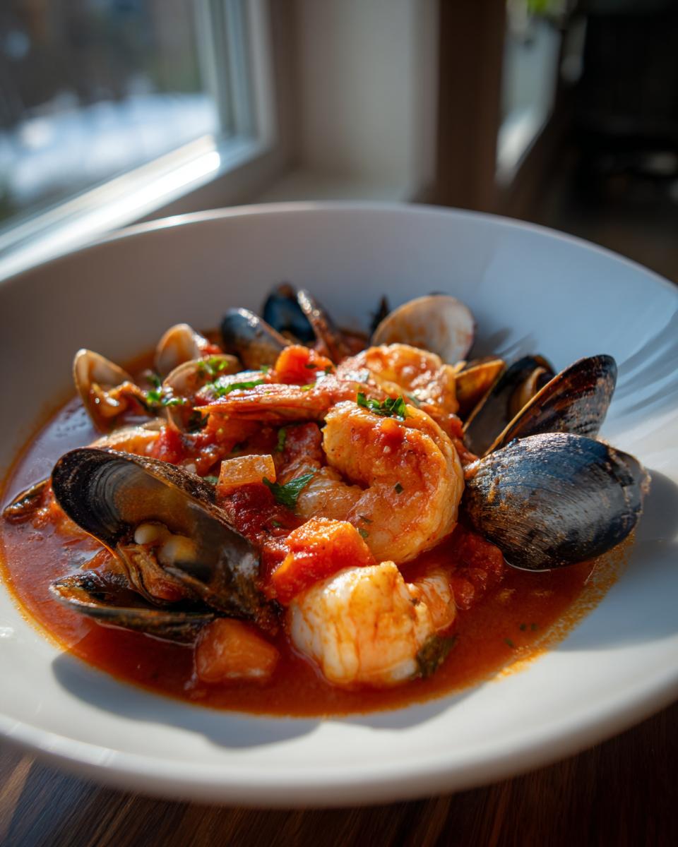 Close-up of a bowl of amazing 1-pot seafood soup featuring shrimp, mussels, and clams in a rich tomato broth.