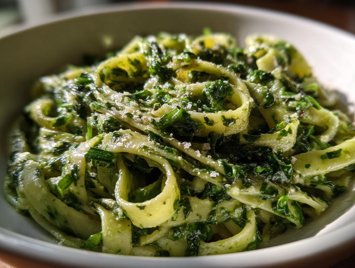A close-up shot of creamy, vibrant green spinach pasta noodles tossed in a rich sauce and topped with grated cheese.