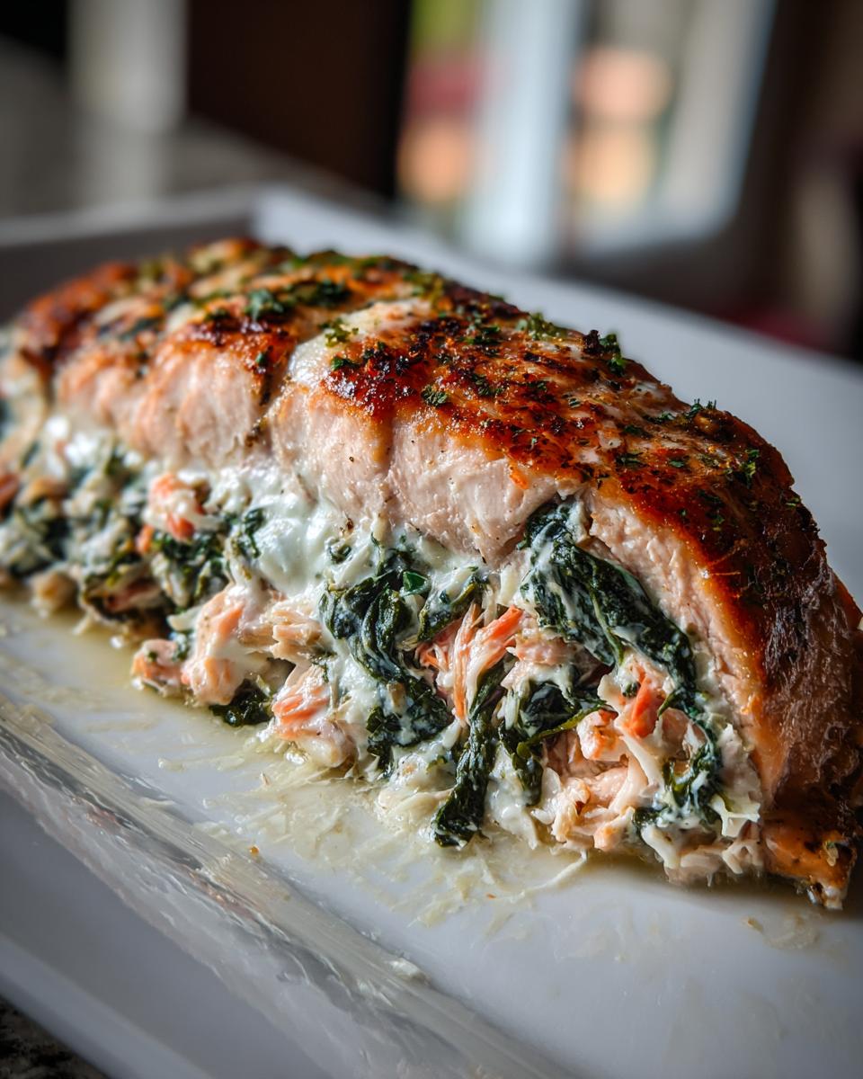 Close-up of a baked stuffed salmon fillet, split open to show a creamy spinach and salmon filling.