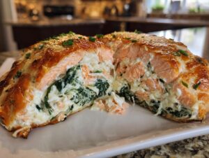 A cross-section view of amazing stuffed salmon filled with creamy spinach and cheese, baked golden brown.