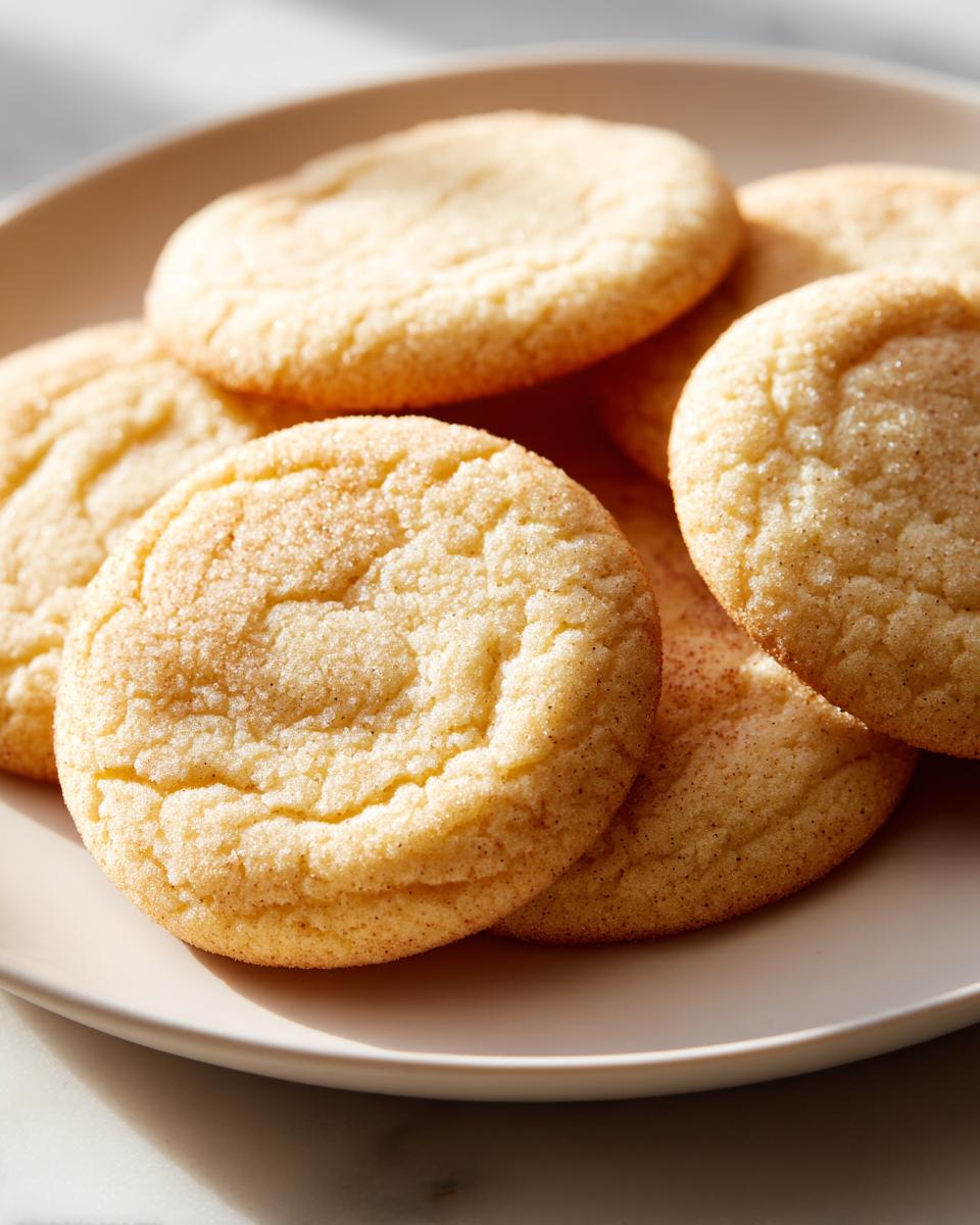 Close-up of several golden-brown sugar cookies dusted with cinnamon sugar, piled on a light plate.