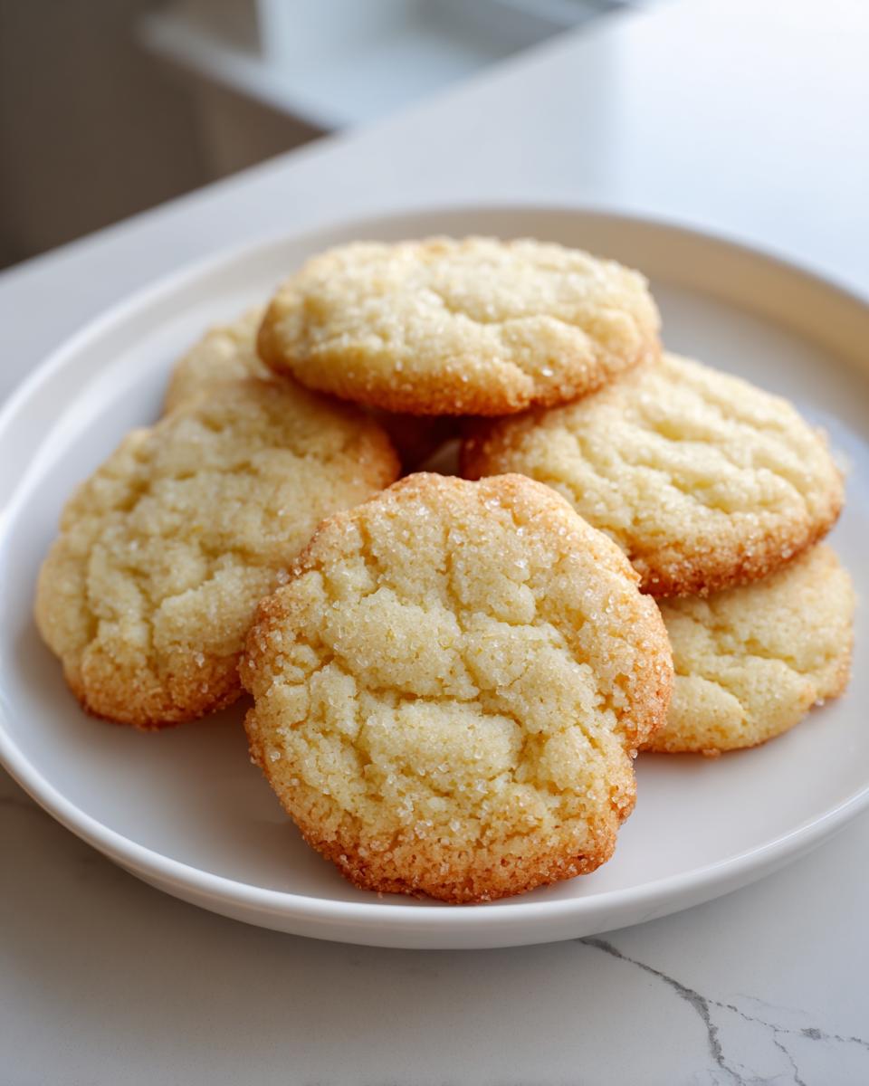 A stack of freshly baked, slightly crinkled sugar cookies coated in sparkling sugar crystals.