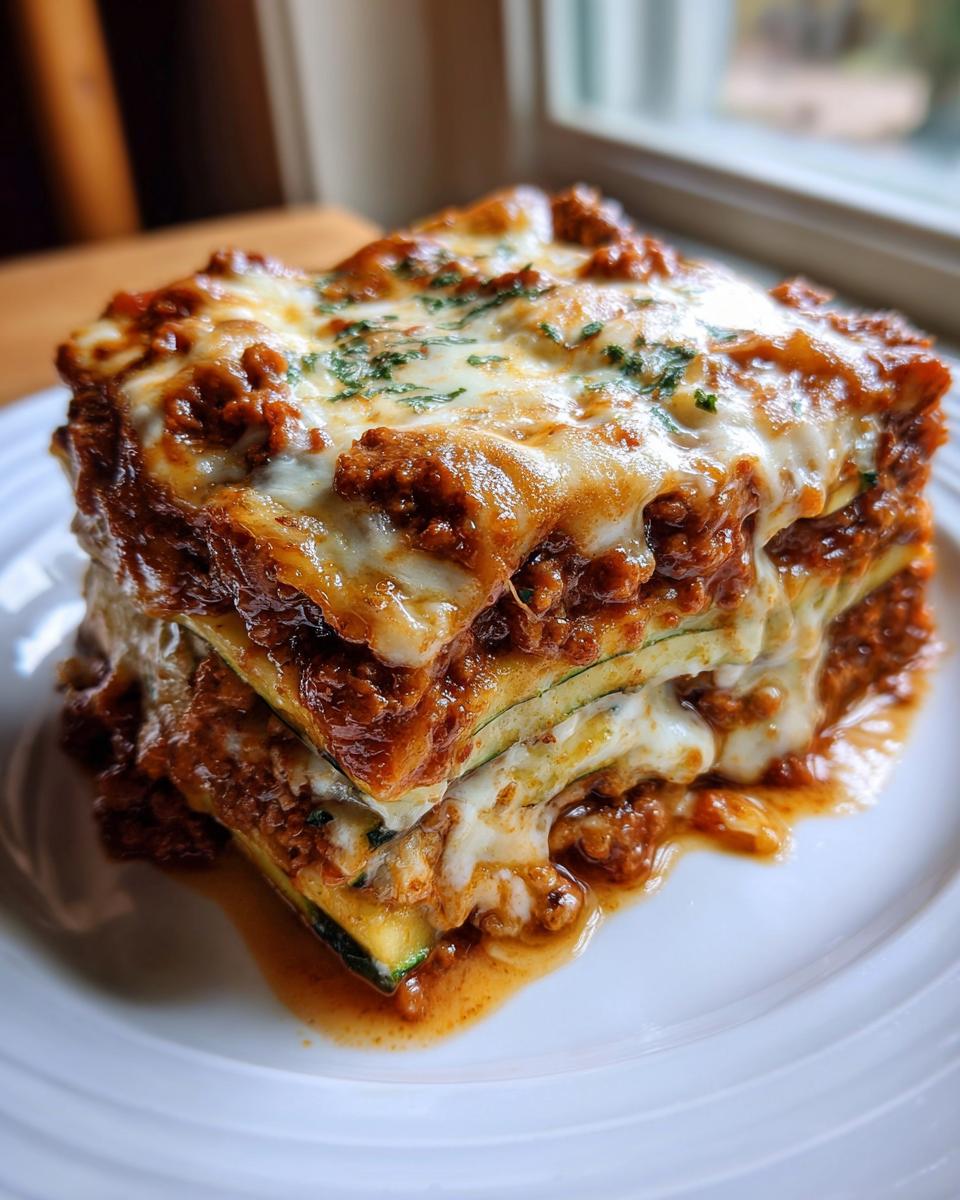 A tall, gooey slice of zucchini lasagna layered with meat sauce and melted cheese, served on a white plate.