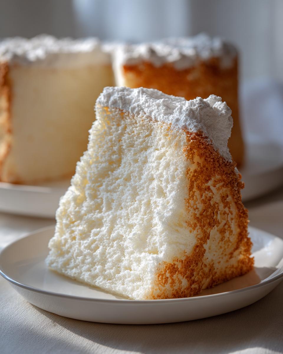 Close-up of a fluffy slice of angel food cake dusted with powdered sugar on a white plate.