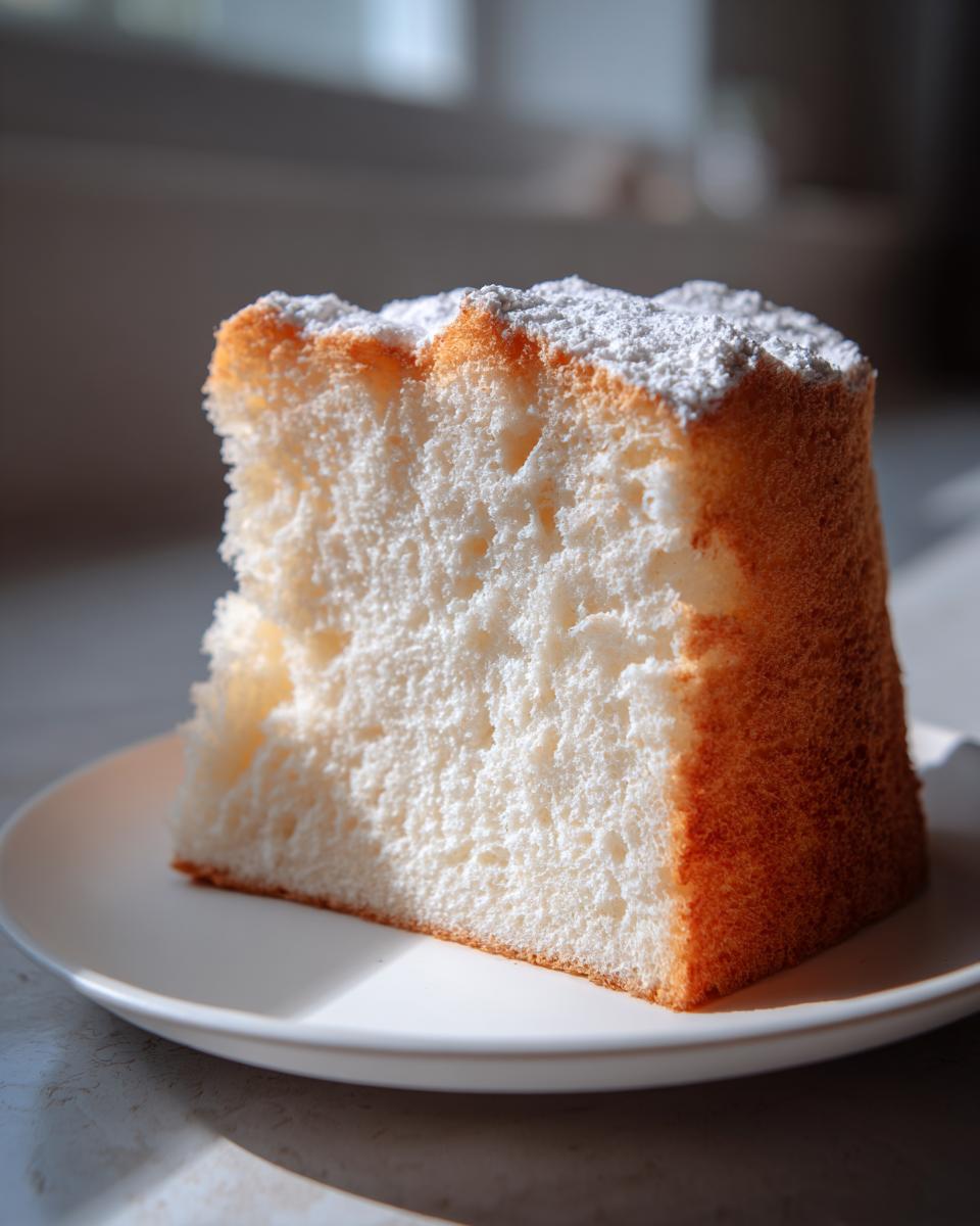 Close-up of a tall, fluffy slice of angel food cake dusted with powdered sugar on a white plate.