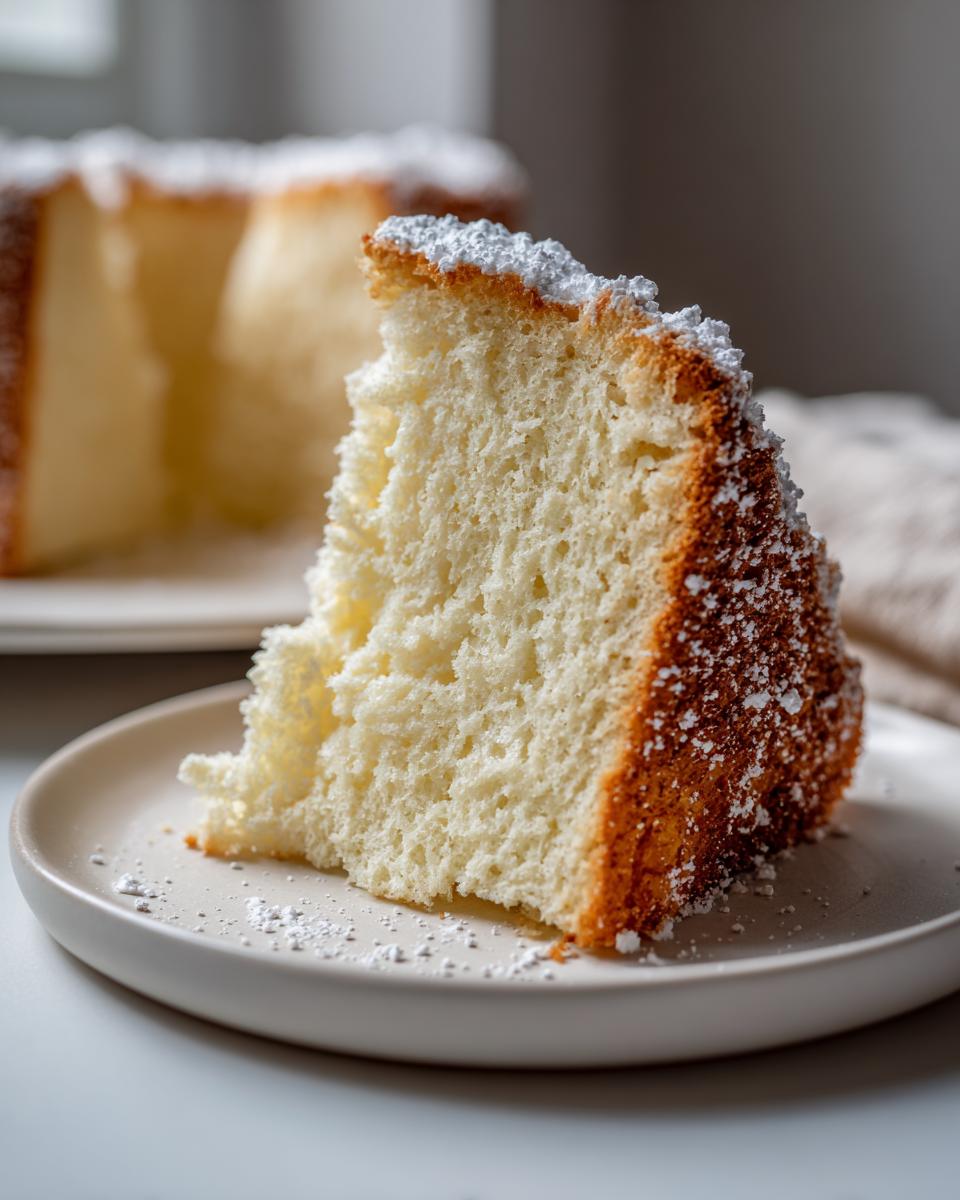 Close-up of a fluffy slice of angel food cake dusted with powdered sugar on a small plate.
