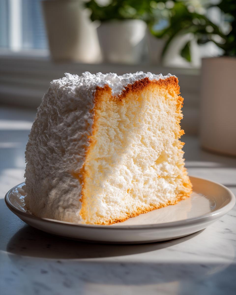 A tall, fluffy slice of angel food cake dusted with powdered sugar, sitting on a small plate.