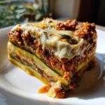 A close-up, appetizing slice of zucchini lasagna layered with meat sauce and creamy white cheese.