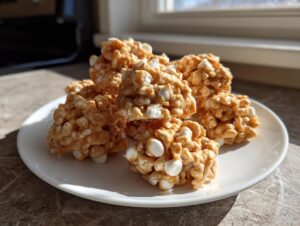 A pile of golden brown avalanche cookies studded with white chocolate chips sitting on a white plate.
