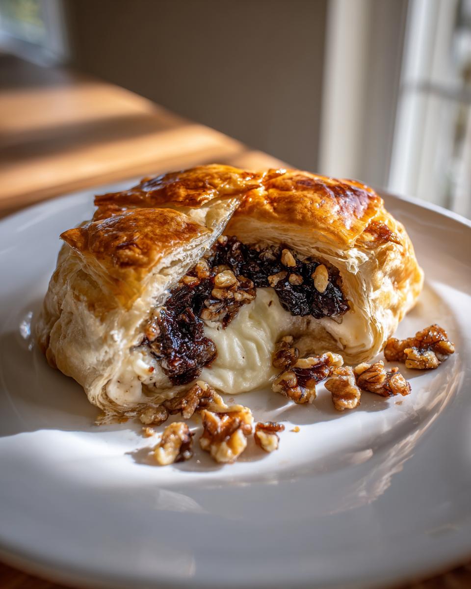 A cross-section of baked brie wrapped in golden puff pastry, oozing melted cheese and topped with dark preserves and walnuts.
