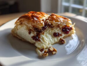 A slice of warm baked brie wrapped in golden phyllo pastry, oozing cheese, topped with nuts and jam.