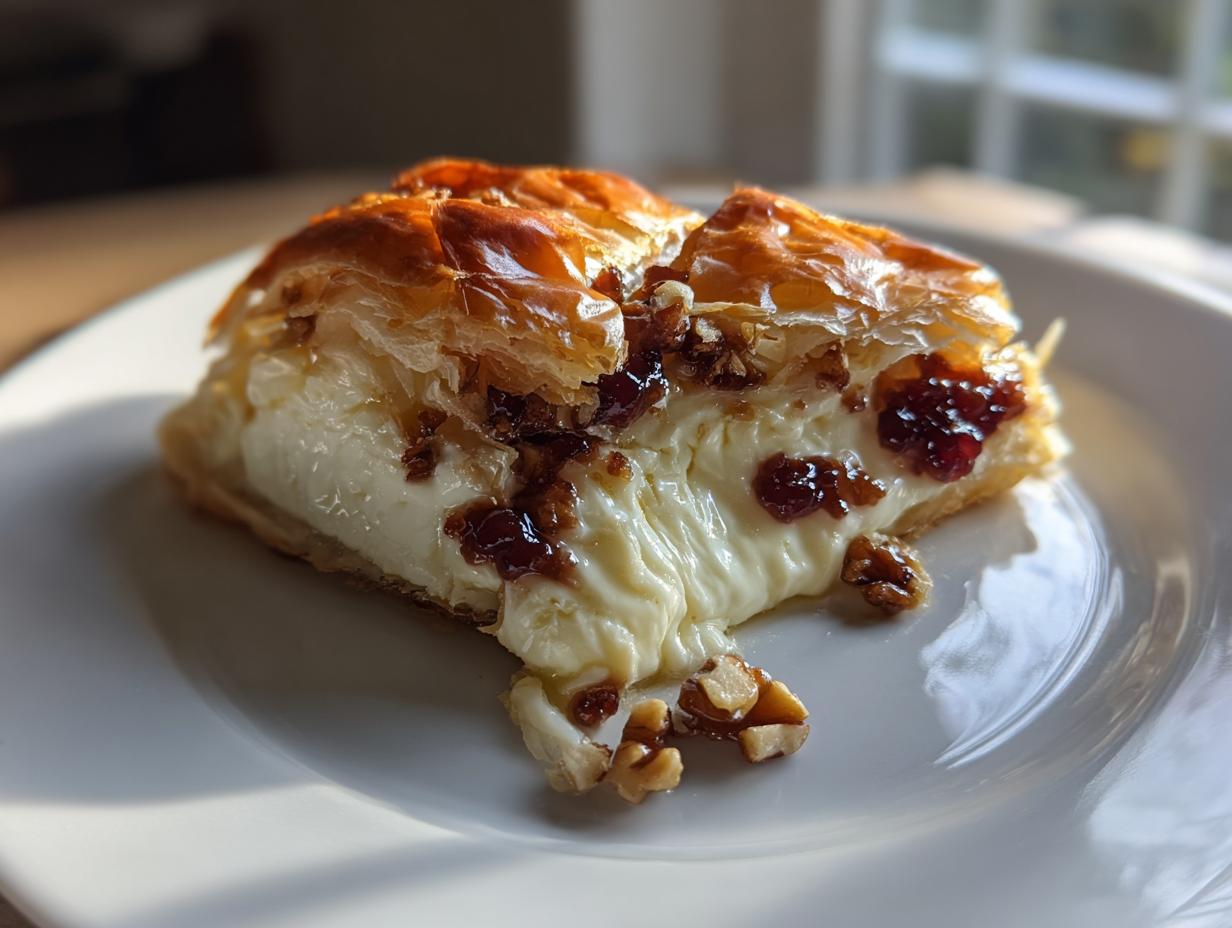 A slice of warm baked brie wrapped in golden phyllo pastry, oozing cheese, topped with nuts and jam.