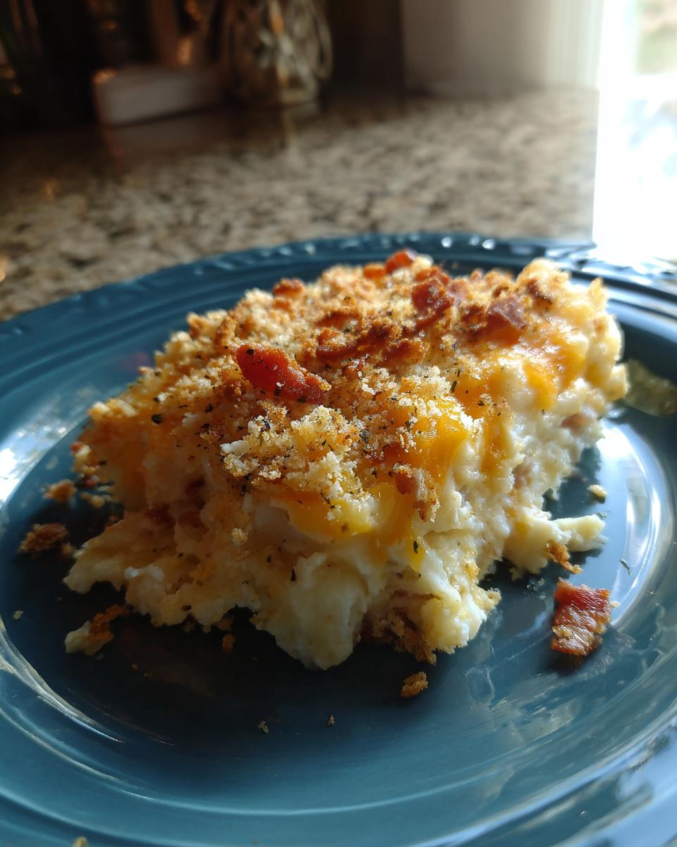 A square serving of creamy baked potato casserole topped with melted cheese, breadcrumbs, and bacon bits on a blue plate.
