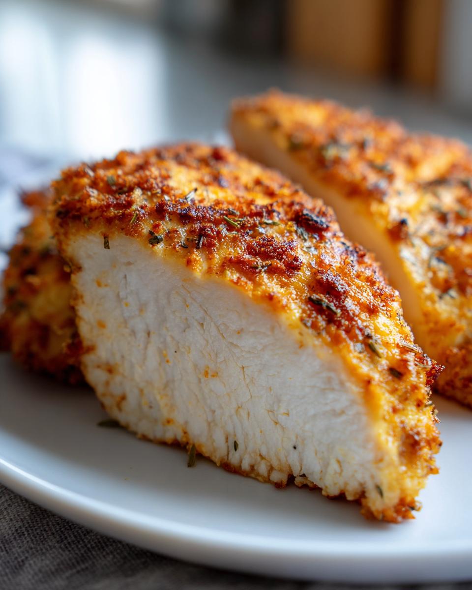 Close-up of a perfectly cooked baked ranch chicken breast, sliced to show the juicy white interior and crispy seasoned crust.