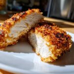 Close-up of baked ranch chicken cut in half showing juicy white meat and crispy golden brown coating.