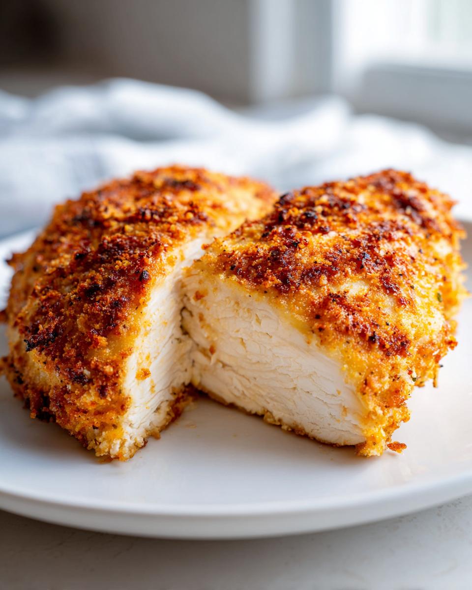 Cross-section of a perfectly cooked baked ranch chicken breast showing juicy white meat and a crispy, browned crust.