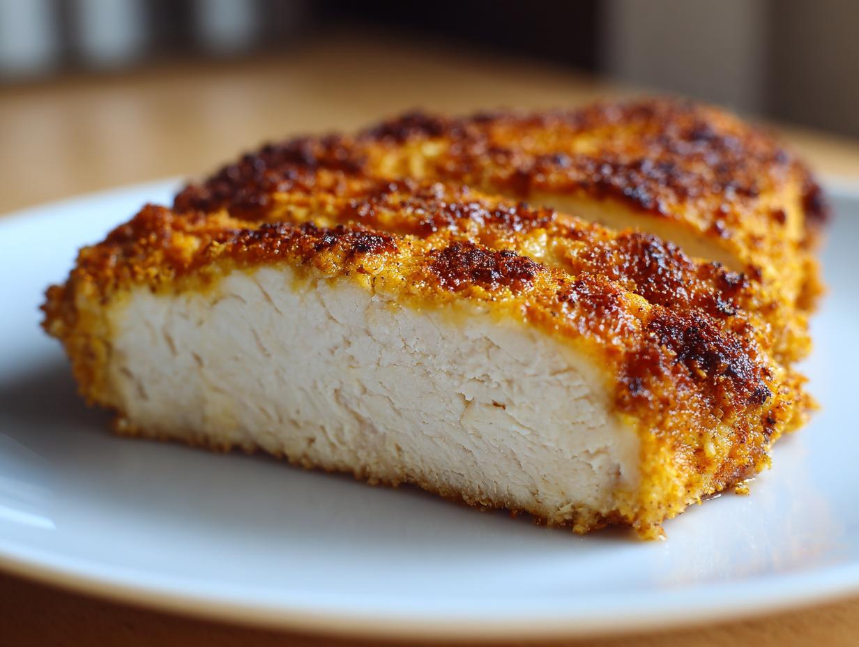Close-up of a sliced baked ranch chicken breast showing the juicy white interior and crispy seasoned crust.