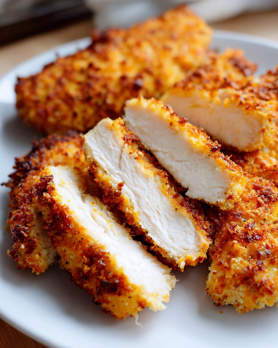 Close-up of sliced baked ranch chicken showing juicy white meat and a golden, crispy coating.