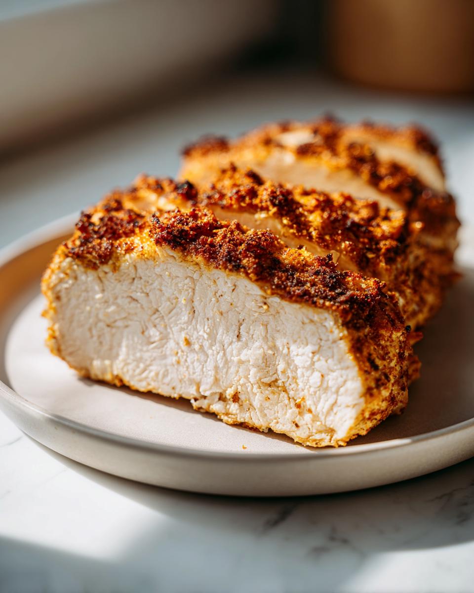 Close-up of sliced baked ranch chicken showing juicy white meat and a golden, crispy, seasoned crust.