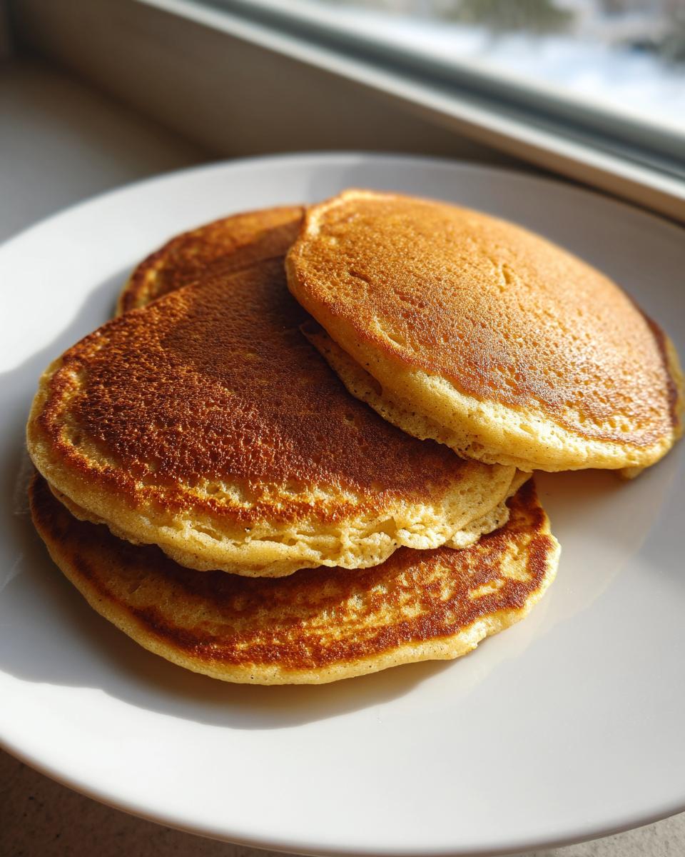 A stack of three golden-brown banana oatmeal pancakes resting on a white plate near a window.