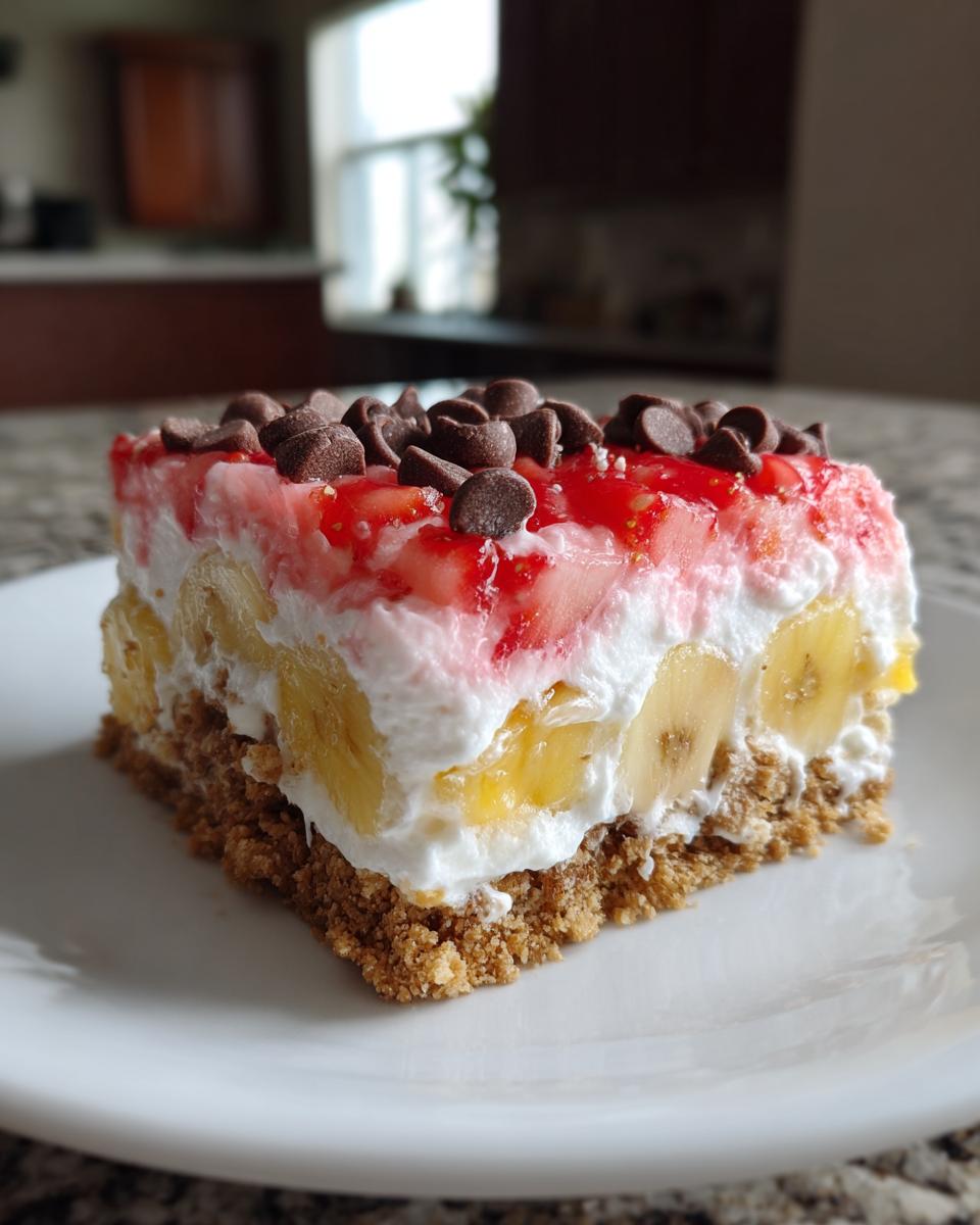 A square slice of layered banana split cake featuring a graham cracker crust, bananas, cream, strawberry topping, and chocolate chips.