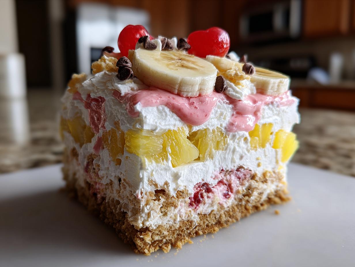 Close-up of a layered slice of banana split cake featuring a graham cracker crust, whipped cream, pineapple chunks, and topped with banana slices and cherries.