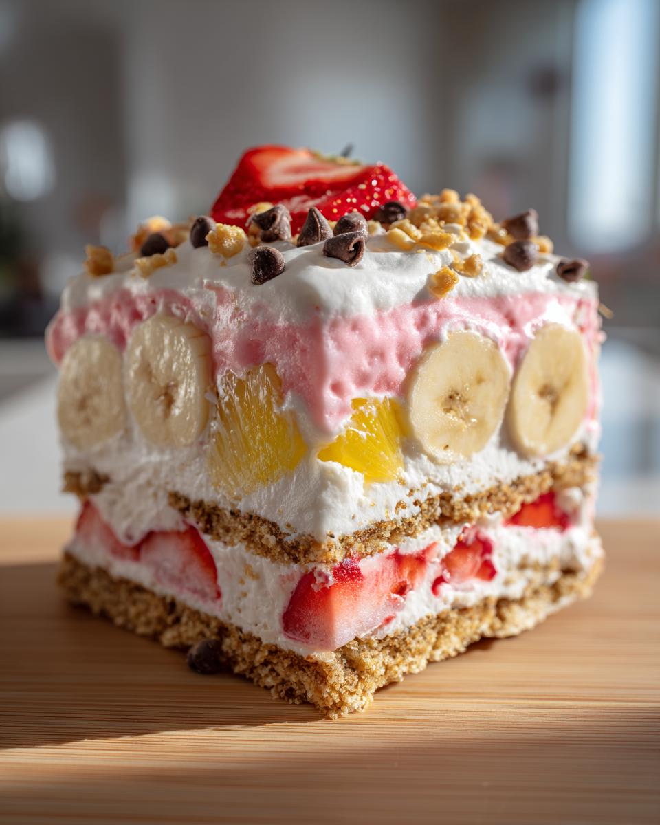 A decadent square slice of banana split cake featuring layers of graham cracker crust, whipped cream, strawberries, bananas, and pineapple.