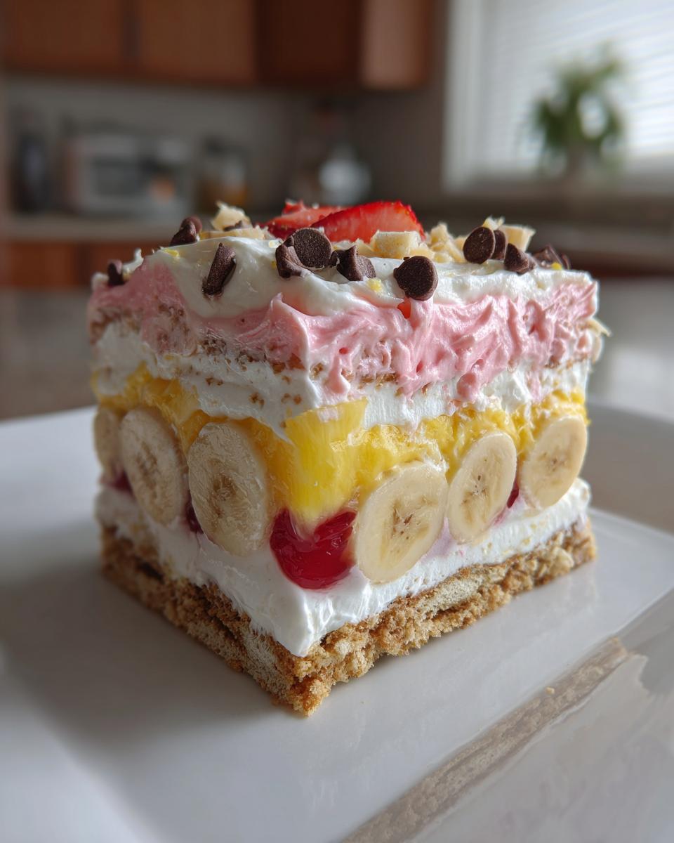 A decadent square slice of banana split cake showing layers of crust, cream, bananas, pineapple, and topped with whipped cream, chocolate chips, and strawberry.