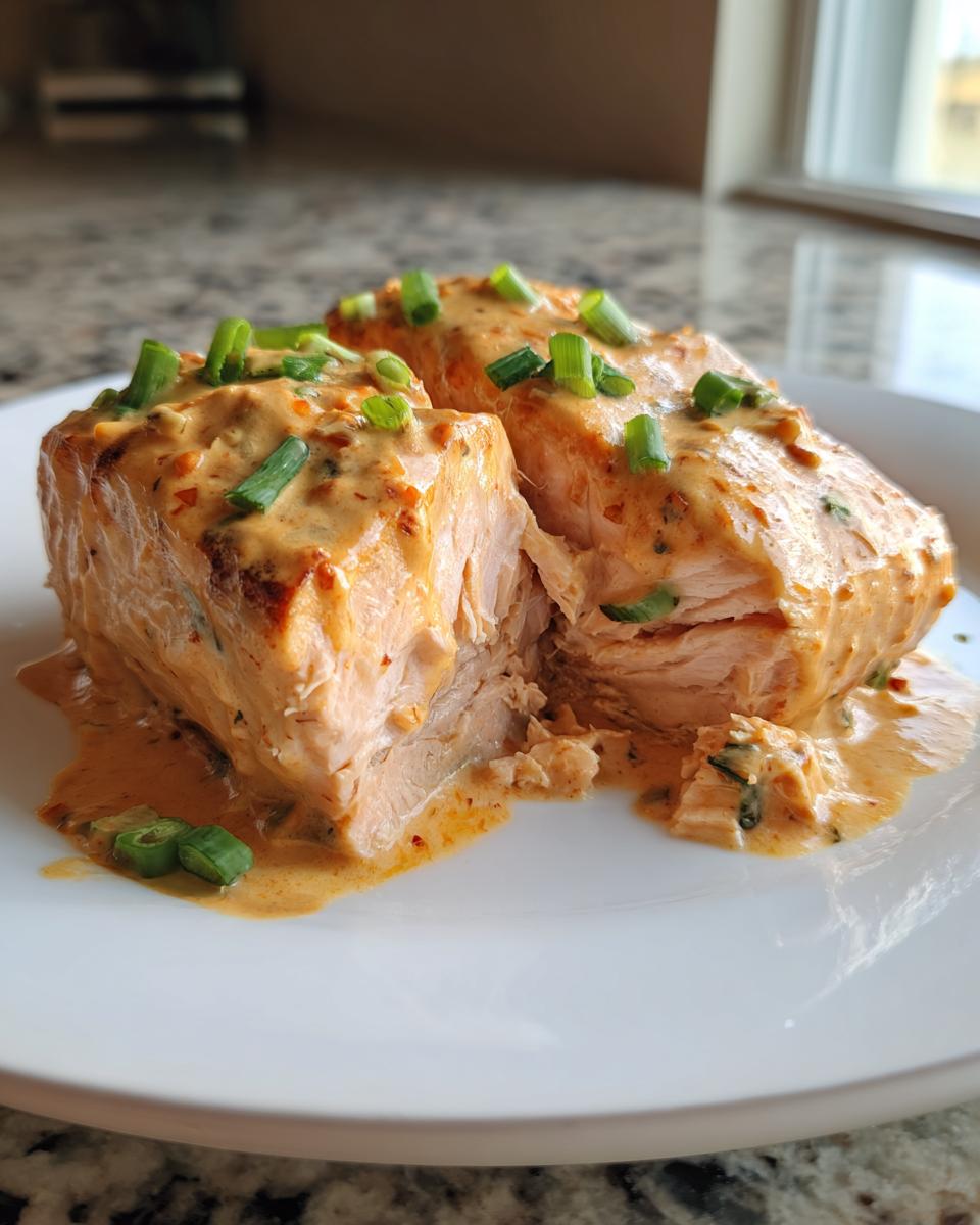 Close-up of flaky, moist bang bang salmon fillets covered in a creamy orange sauce and topped with sliced green onions.