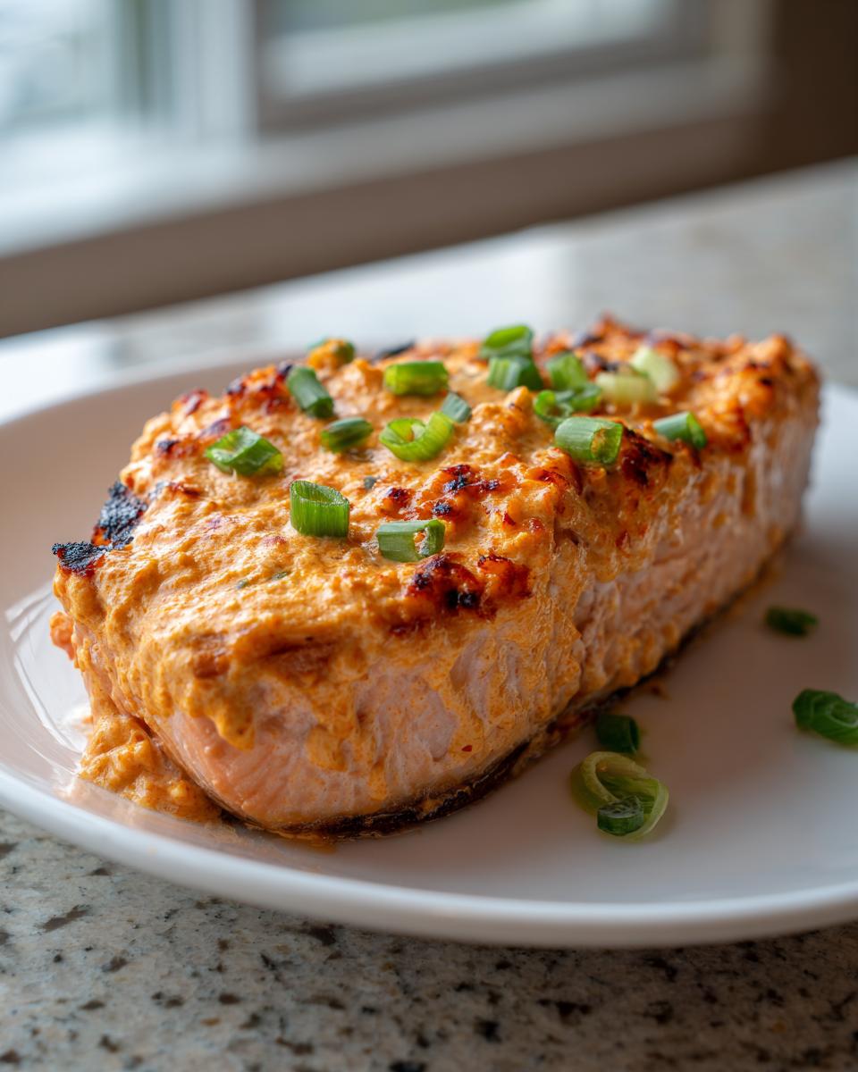 A thick fillet of baked bang bang salmon topped with creamy orange sauce and green onions.