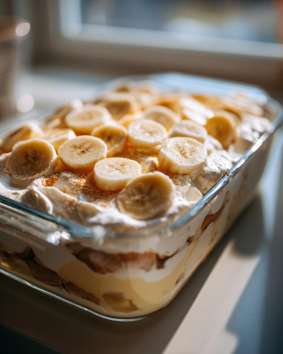 Close-up of homemade banana pudding in a glass dish, topped with fresh banana slices and whipped cream.