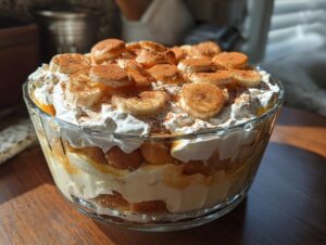 Close-up of a layered banana pudding in a glass bowl, topped with whipped cream, banana slices, and cocoa powder.