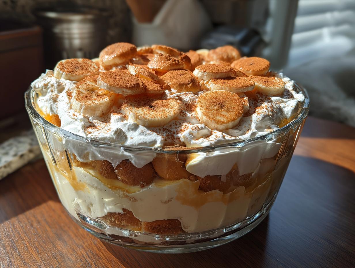 Close-up of a layered banana pudding in a glass bowl, topped with whipped cream, banana slices, and cocoa powder.