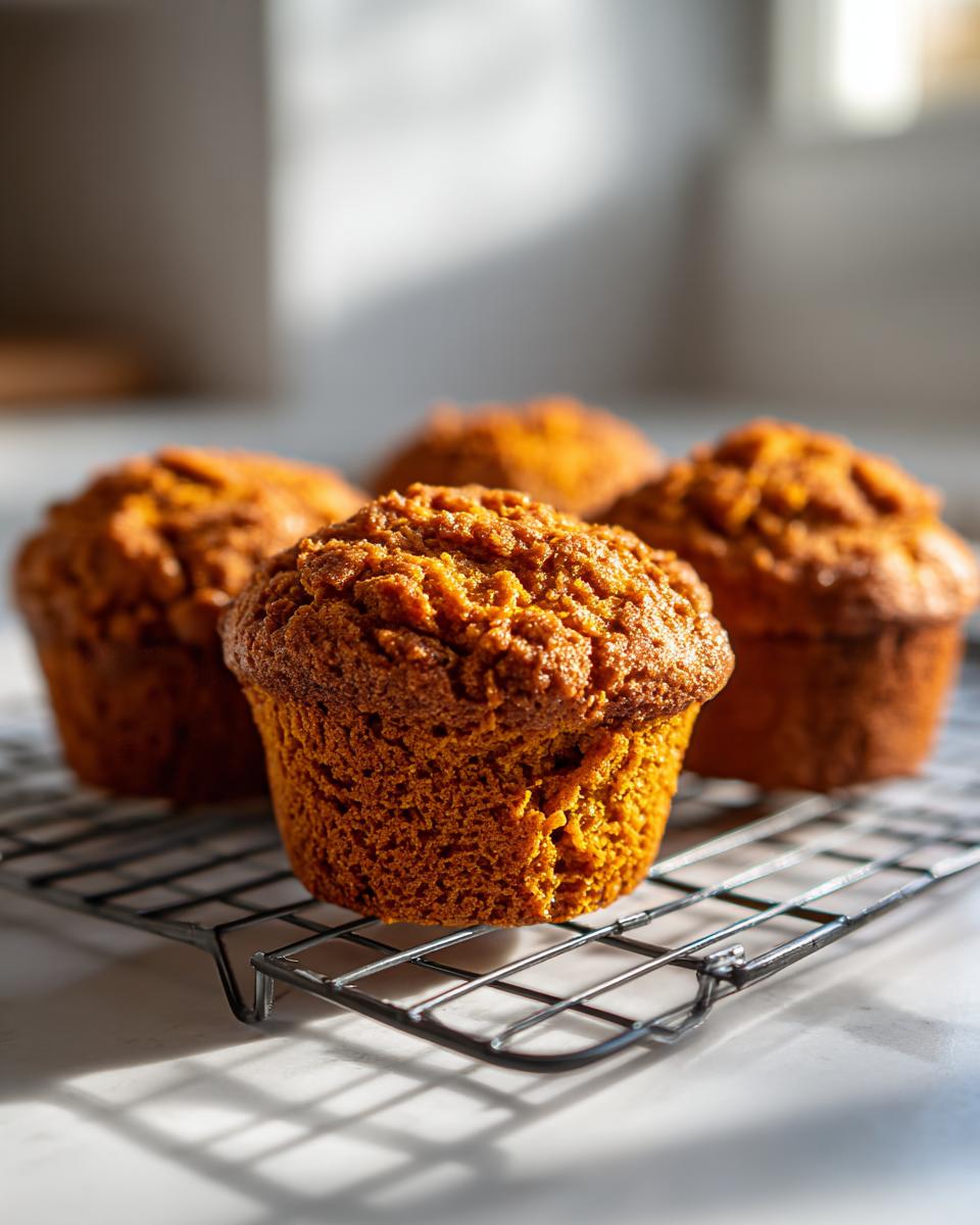 Four freshly baked sweet potato muffins cooling on a wire rack, showing their rich orange color and textured tops.