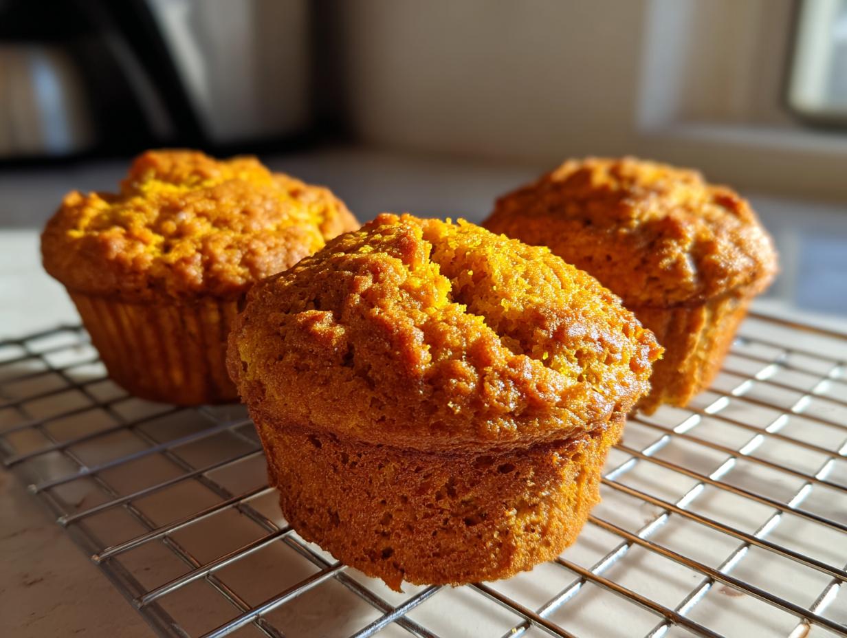 Three freshly baked, golden orange sweet potato muffins cooling on a wire rack in natural light.