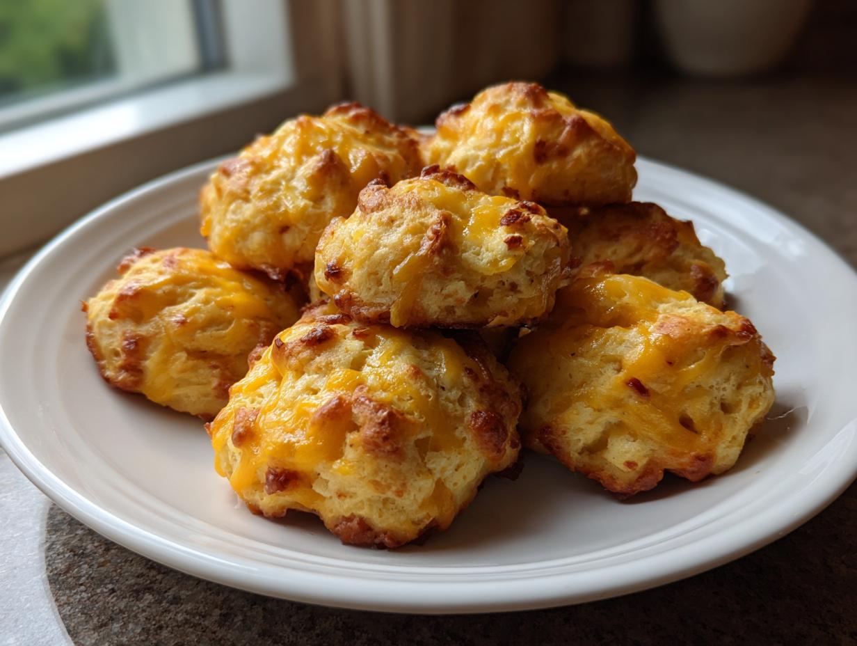 A stack of golden brown bisquick sausage balls topped with melted cheddar cheese served on a white plate.