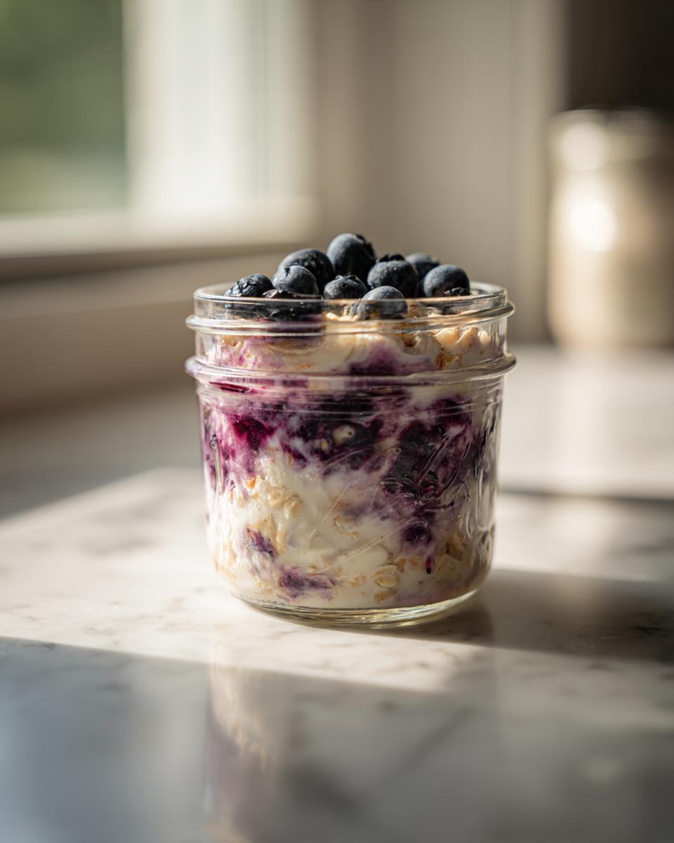 Close-up of blueberry overnight oats layered in a glass jar, topped with fresh blueberries.