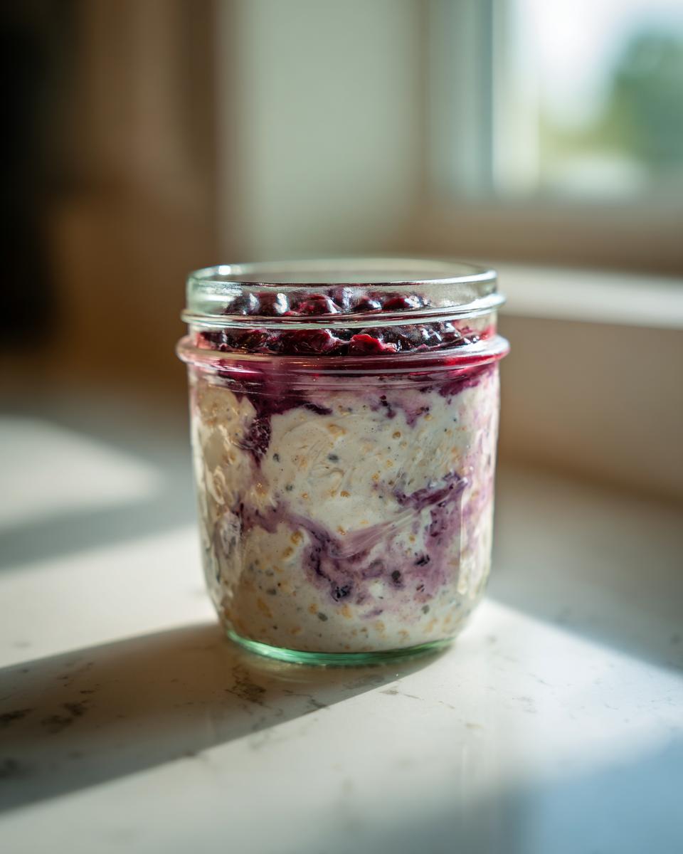 Close-up of blueberry overnight oats layered with purple jam in a mason jar, sitting in sunlight.
