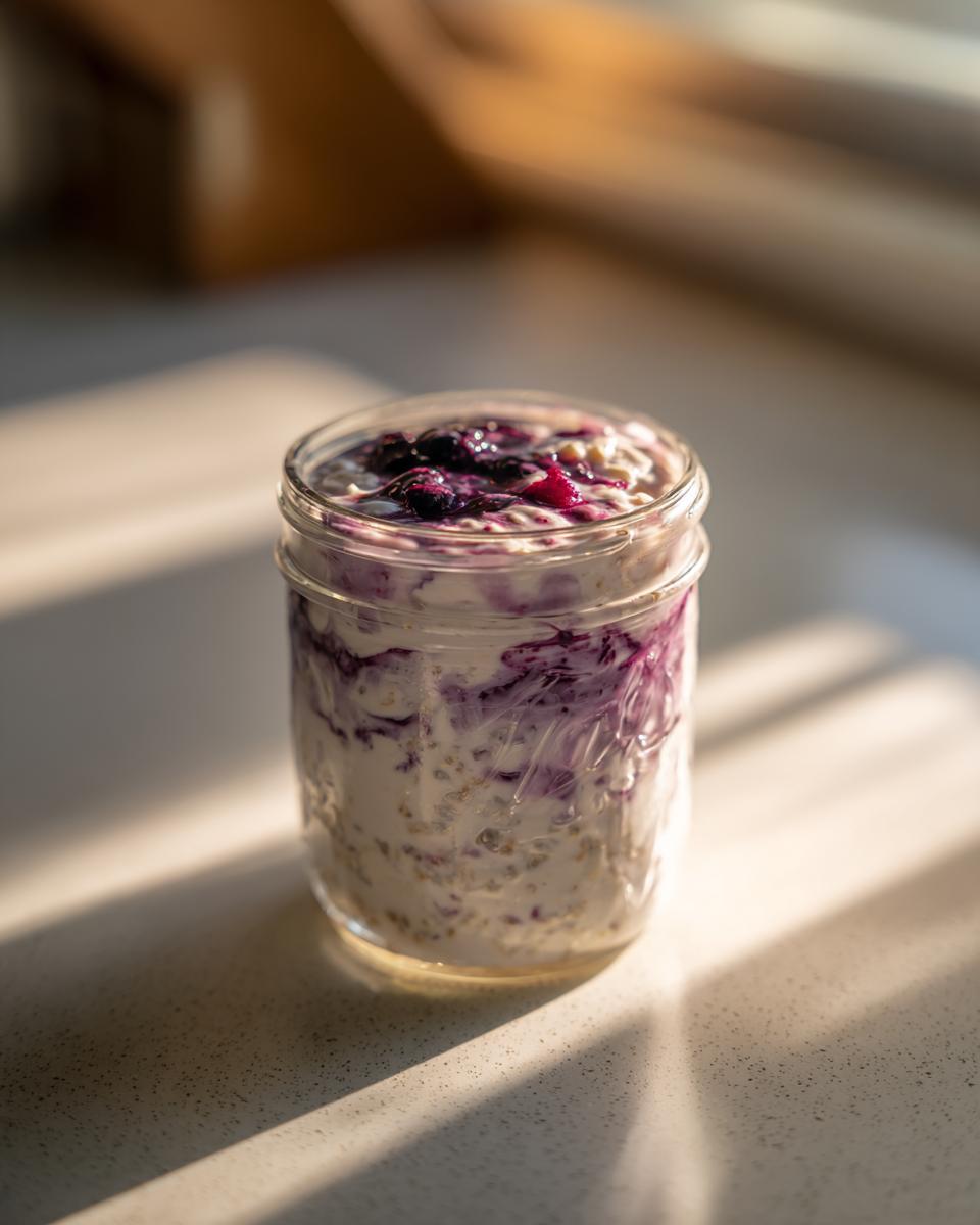 A jar of creamy blueberry overnight oats sitting on a speckled counter in bright morning sunlight.