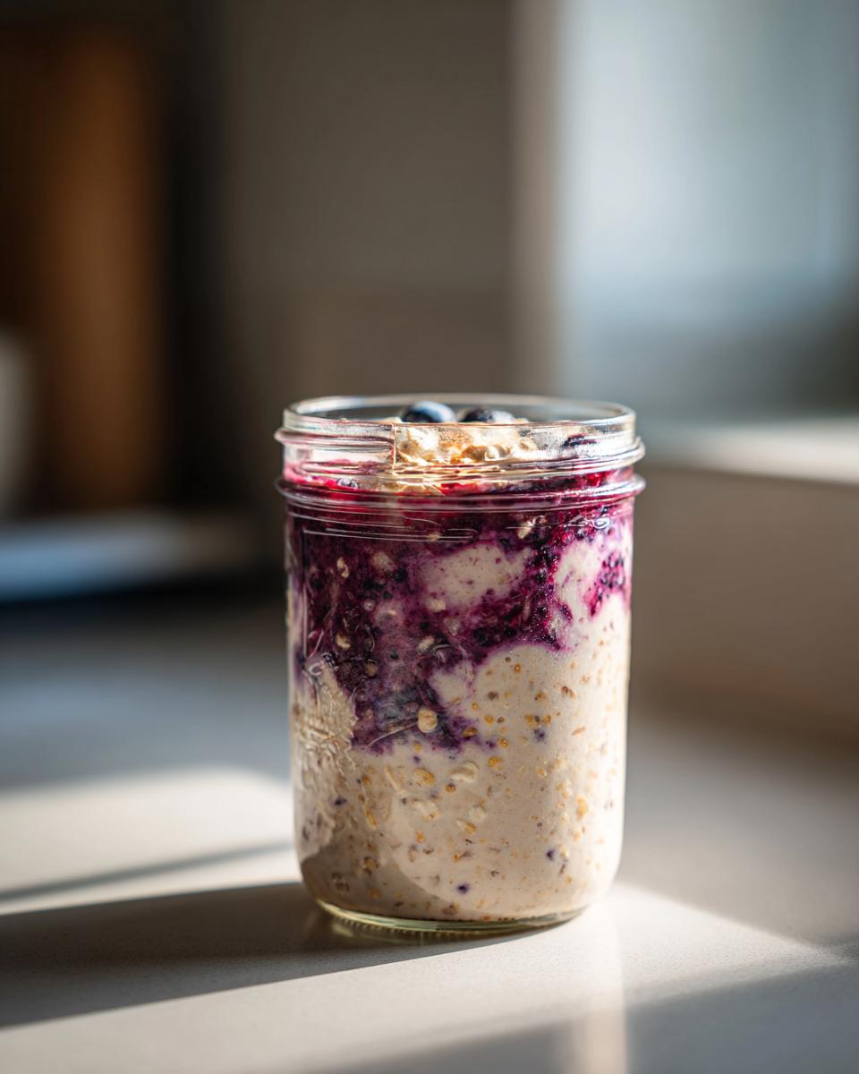 A jar of creamy blueberry overnight oats topped with fresh blueberries, sitting in bright sunlight.