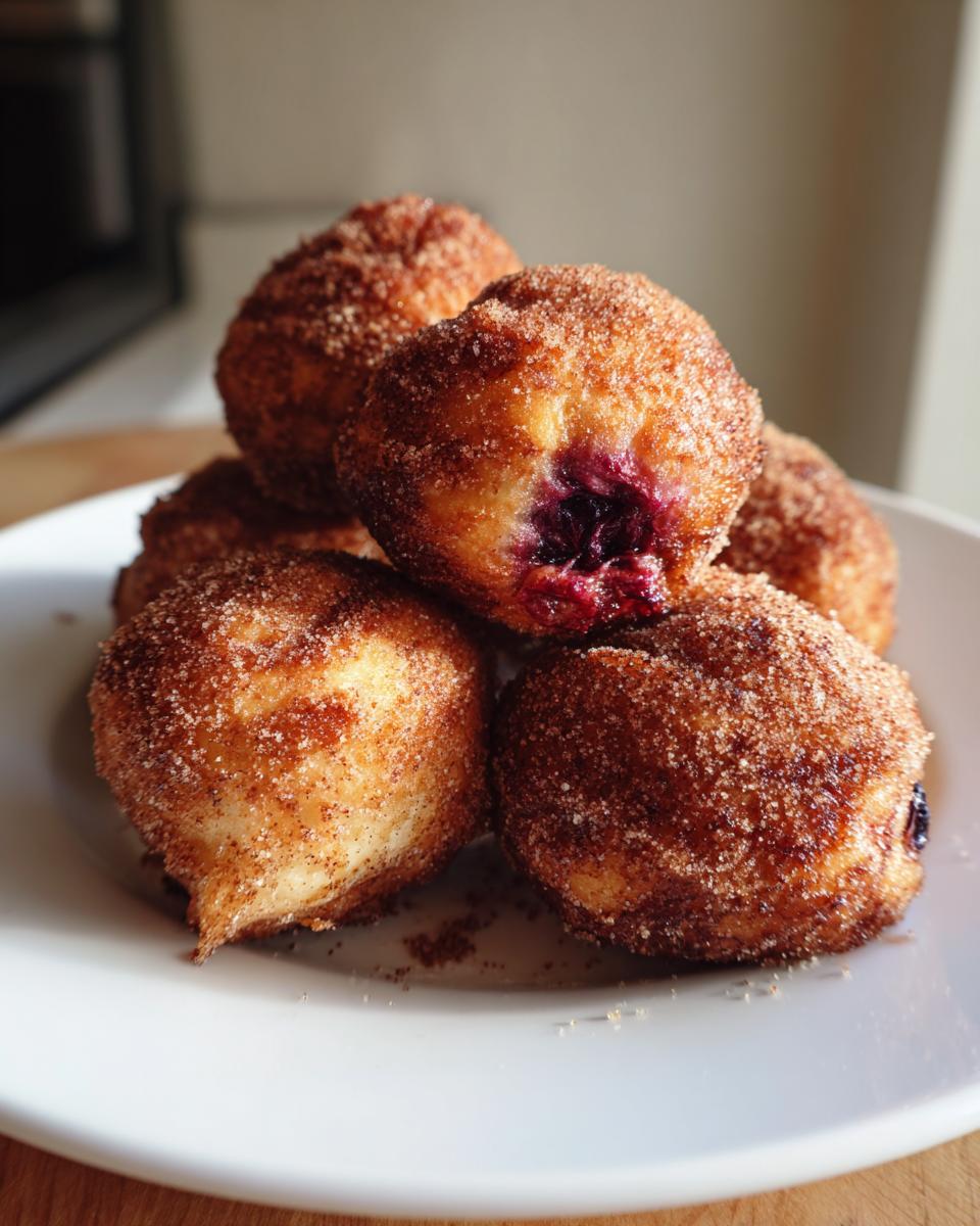 A stack of freshly fried Blueberry Pie Bombs coated in cinnamon sugar, one revealing a rich blueberry filling.
