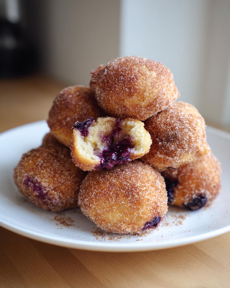A stack of golden, cinnamon-sugar coated Blueberry Pie Bombs, with one cut open showing the rich blueberry filling.