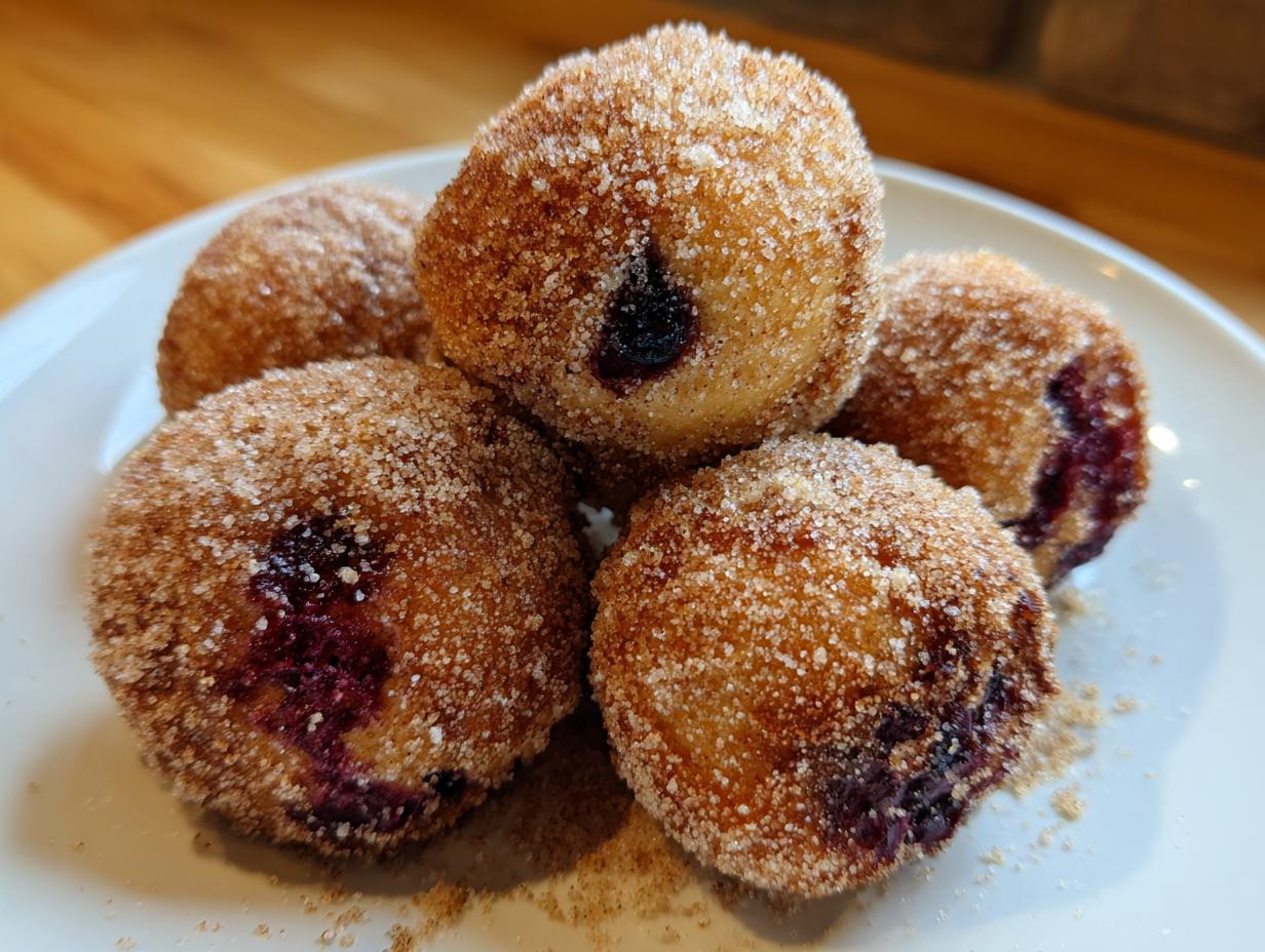 A close-up of five golden-brown Blueberry Pie Bombs coated in cinnamon sugar on a white plate.